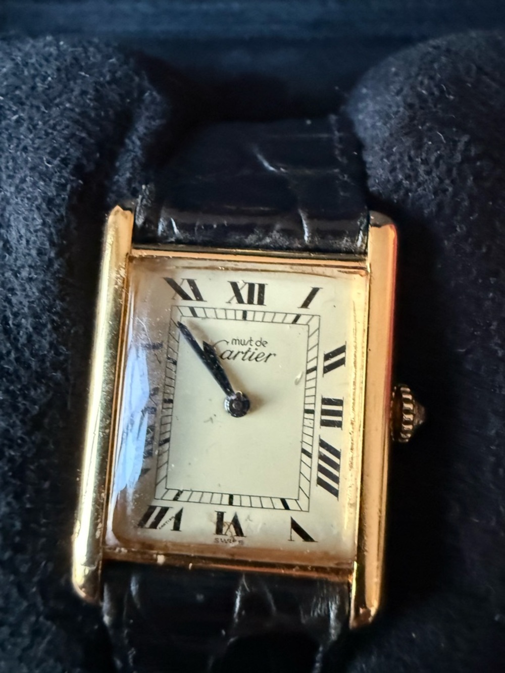 Cartier 18k Gold Plated Sterling Silver Tank Watch with French Croc Black Strap